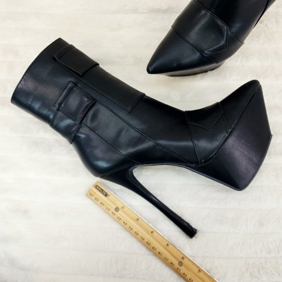 Kinder Pointy Toe Platform Stiletto Heel Ankle Boots Black Vegan Leather - Picture 9 of 9